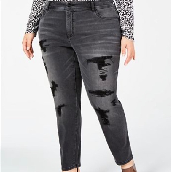 NWT INC International Concepts Novelty Destructed Washed Black Skinny Jeans 24W - Picture 6 of 9